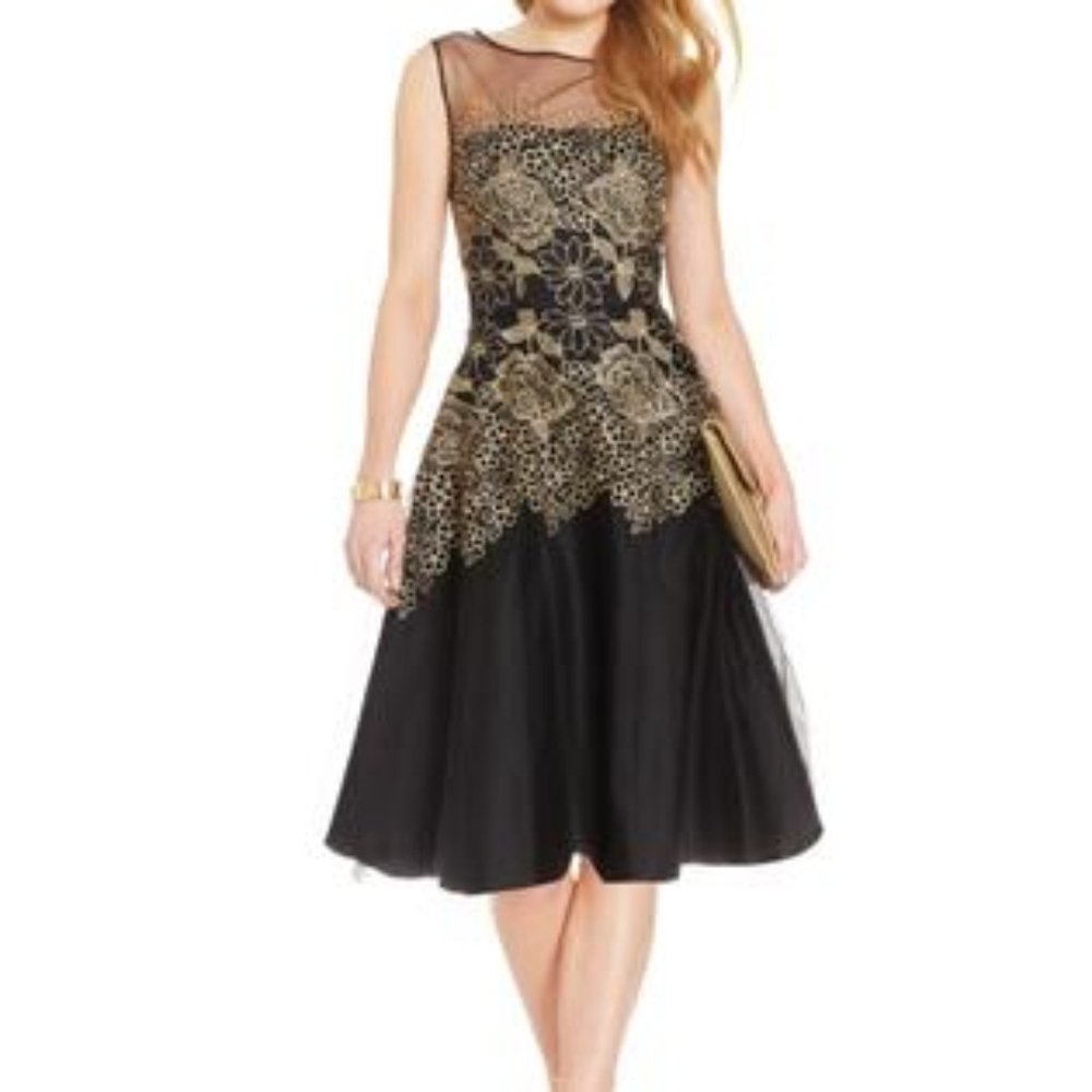 Tahari by ASL Embroidered Floral Gold Sheath Flare Dress